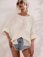 Boat Neck Cuffed Sleeve Slit Tunic Knit Top (15)