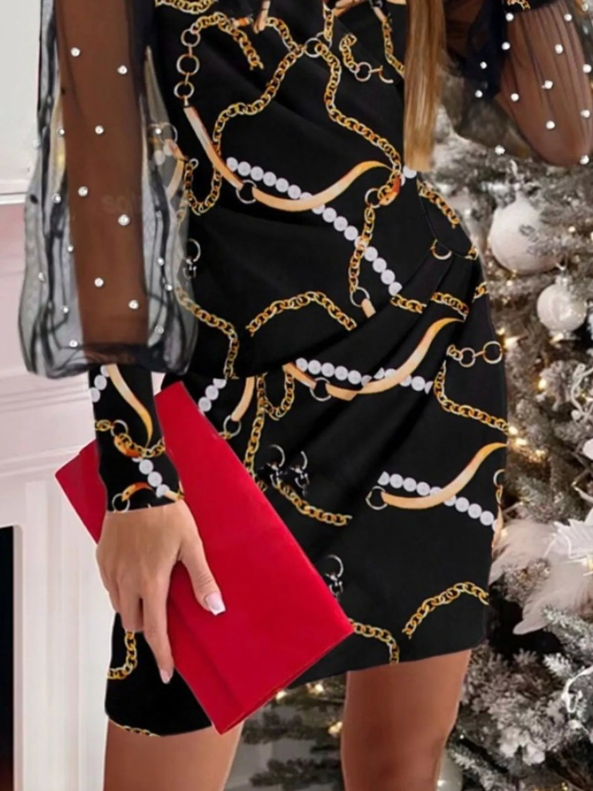 Floral Applique Mesh Sleeve Bodycon Dress (18)
