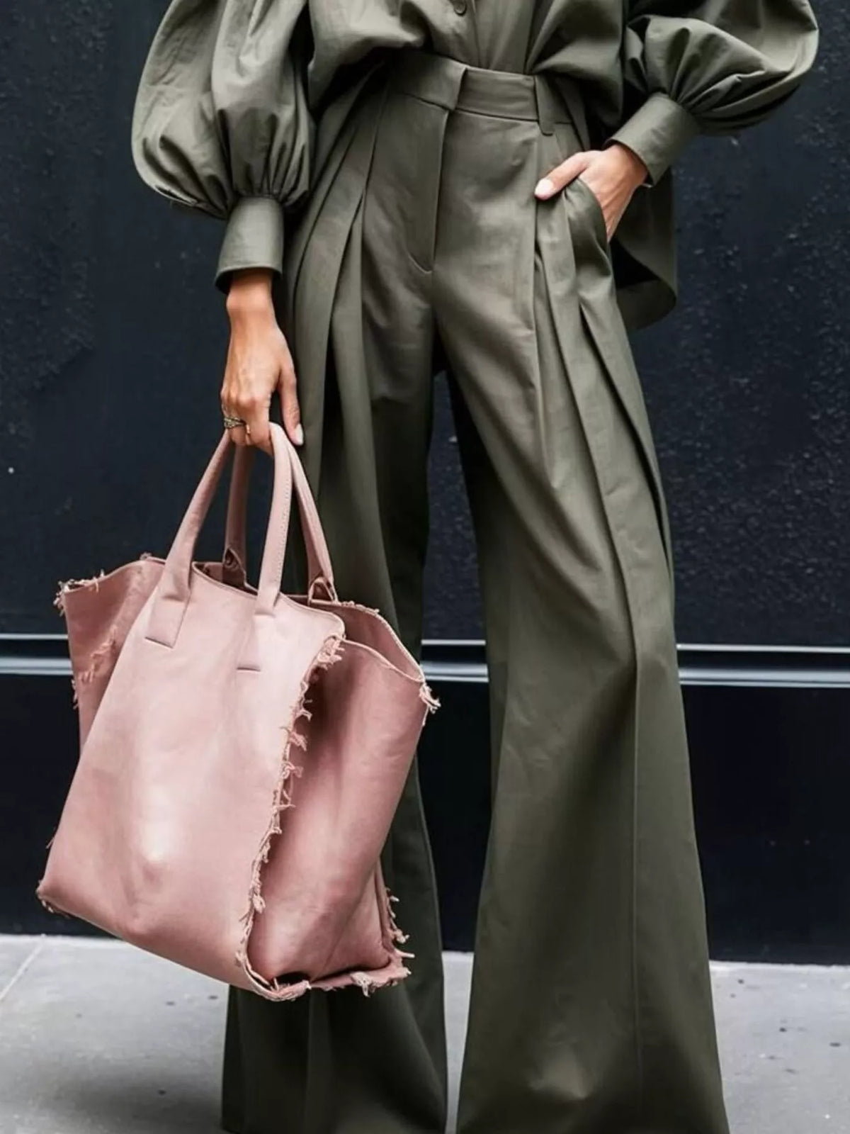 Lantern Sleeve Shirt Wide Leg Pants Set (3)