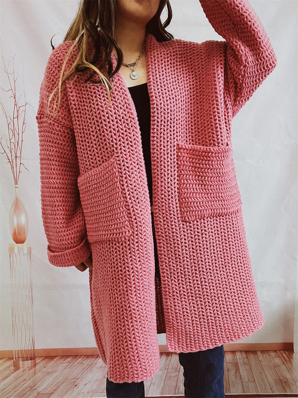 Open Front Long Sleeve Cardigan Pockets (3)