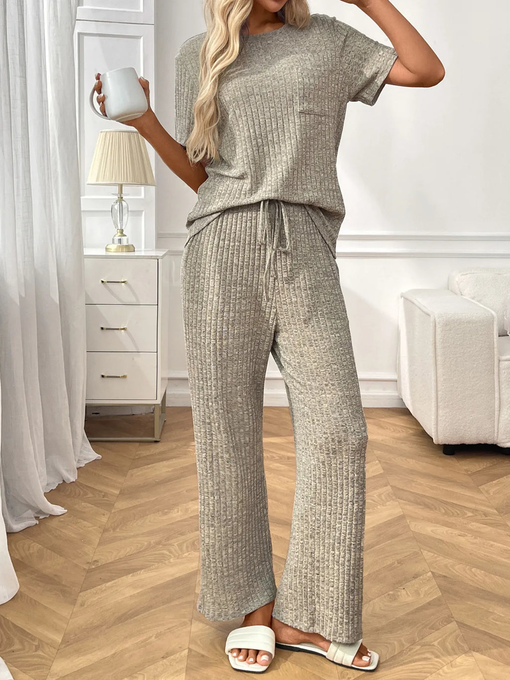 Ribbed Knit Short Sleeve Top Pants Lounge Set (3)