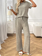 Ribbed Knit Short Sleeve Top Pants Lounge Set (3)