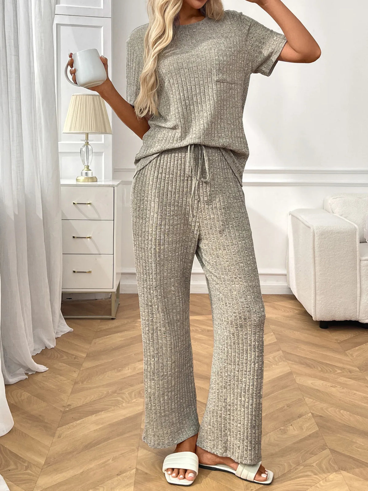 Ribbed Knit Short Sleeve Top Pants Lounge Set (3)