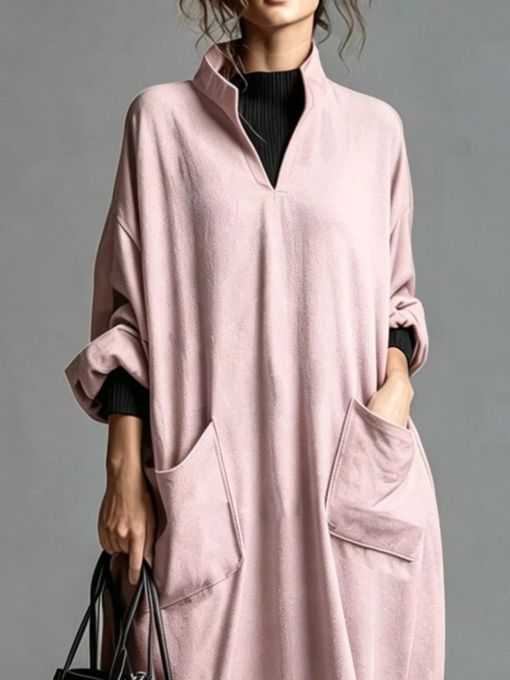 Full Size Loose-fit Mock Neck Midi Dress Pockets Plus (30)