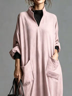 Full Size Loose-fit Mock Neck Midi Dress Pockets Plus (30)