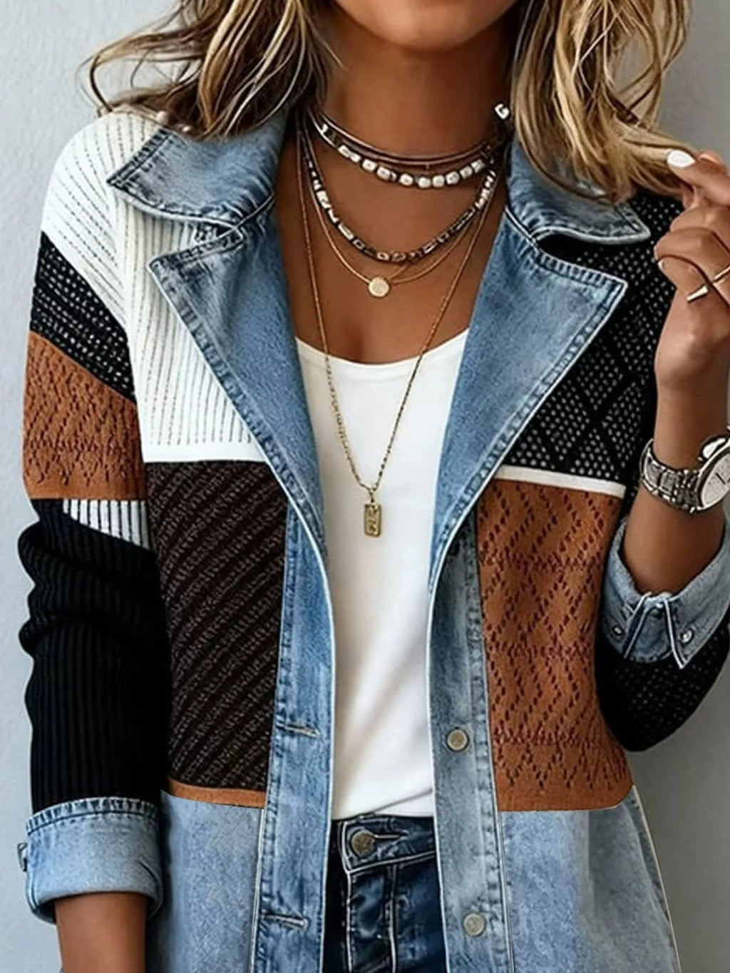 Color-block Denim Knit Patchwork Casual Jacket (6)