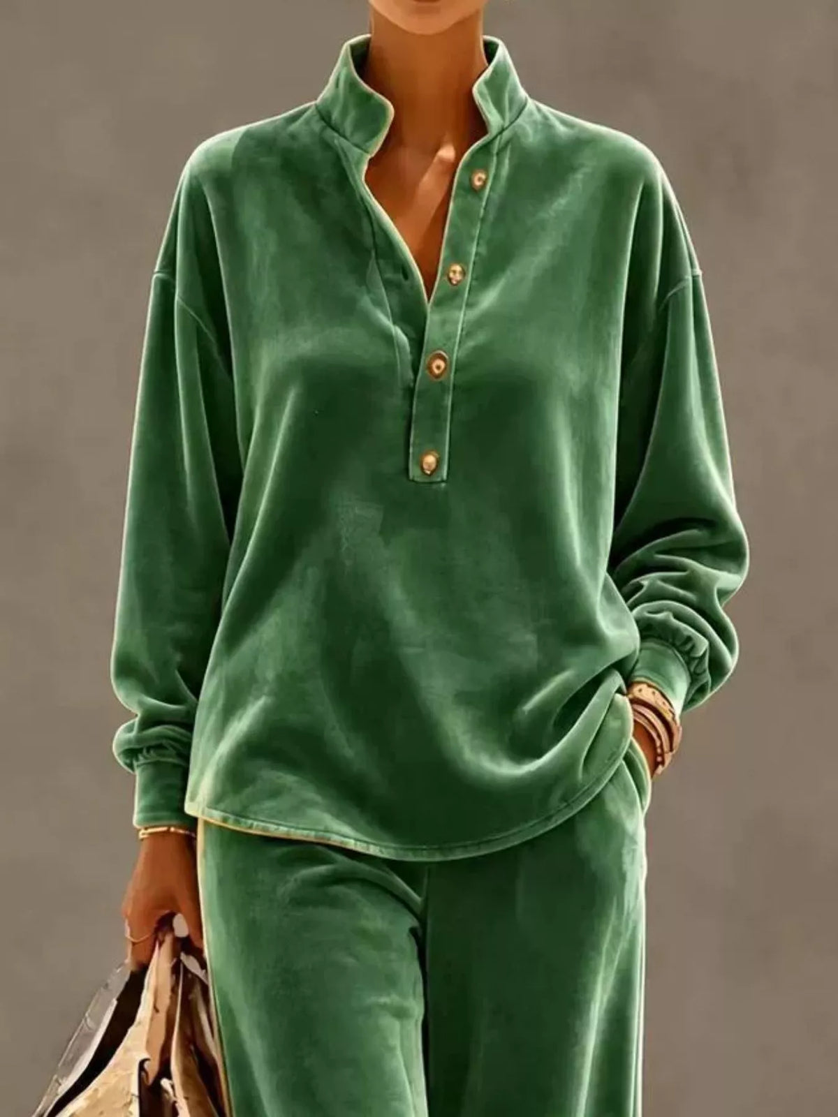 Full Size Half Button Top Wide Leg Pants Set Plus (14)