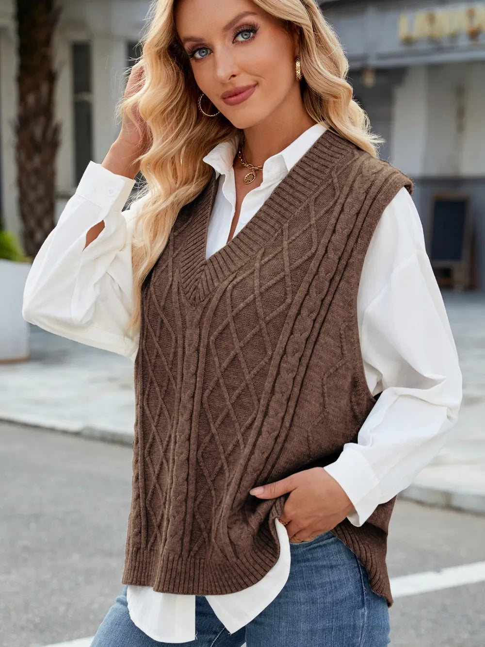 Cable Knit V-neck Sweater Vest (10)
