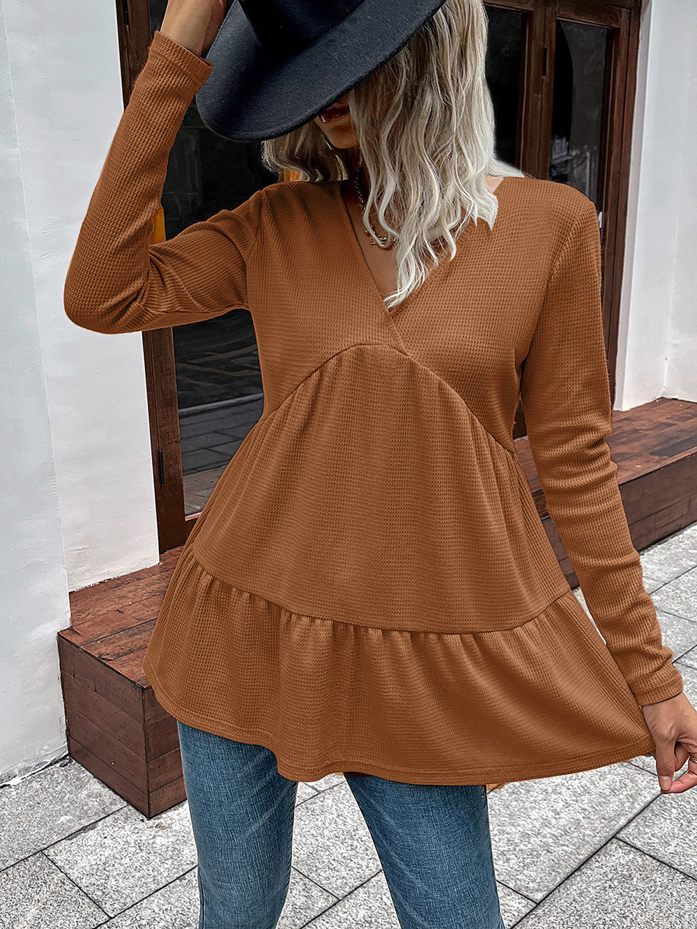Waffle-knit V-neck Long Sleeve Blouse (12)