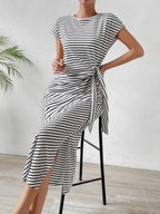 Tied Striped Round Neck Short Sleeve Tee Dress (12)
