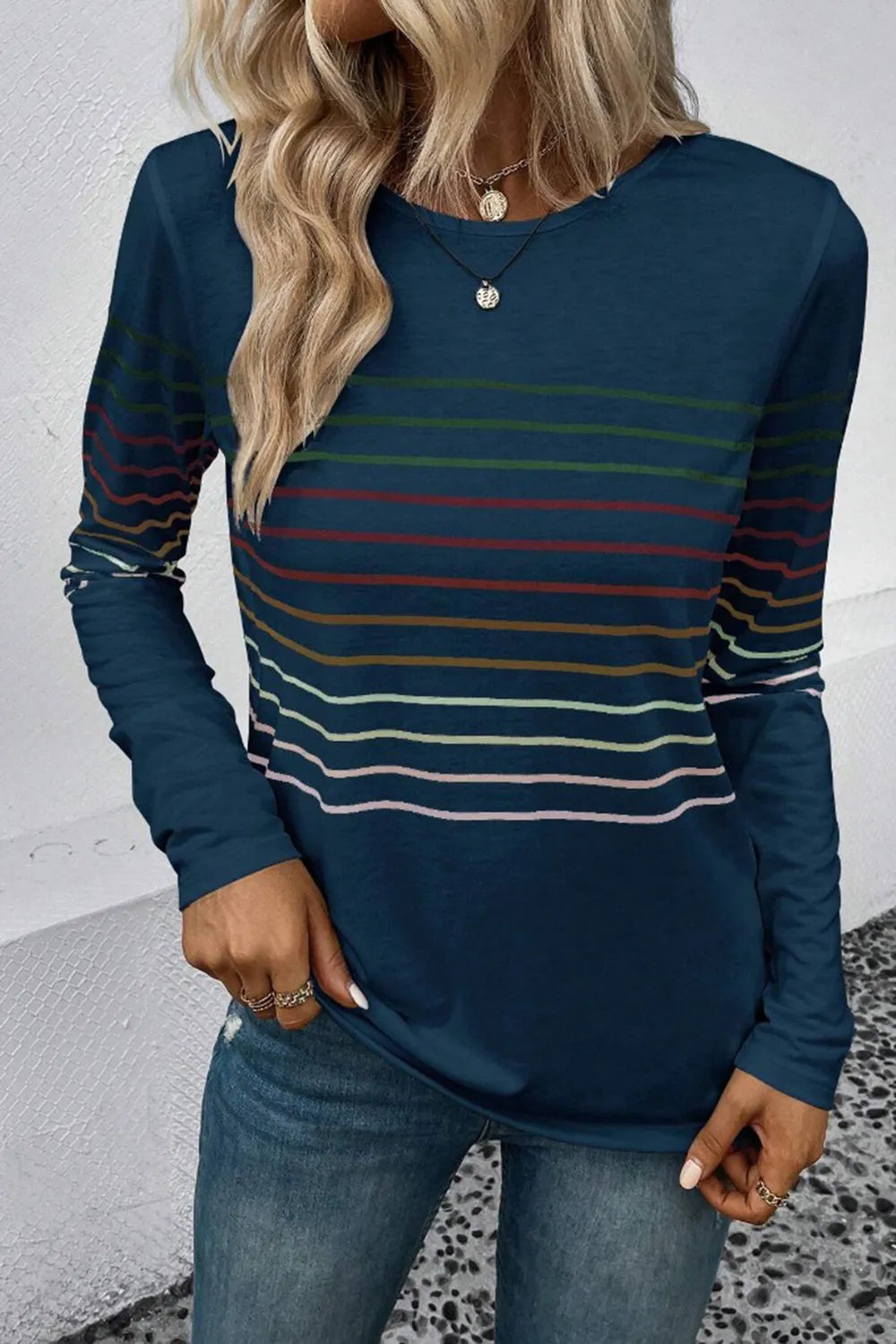 Striped Round Neck Long Sleeve T-shirt (14)