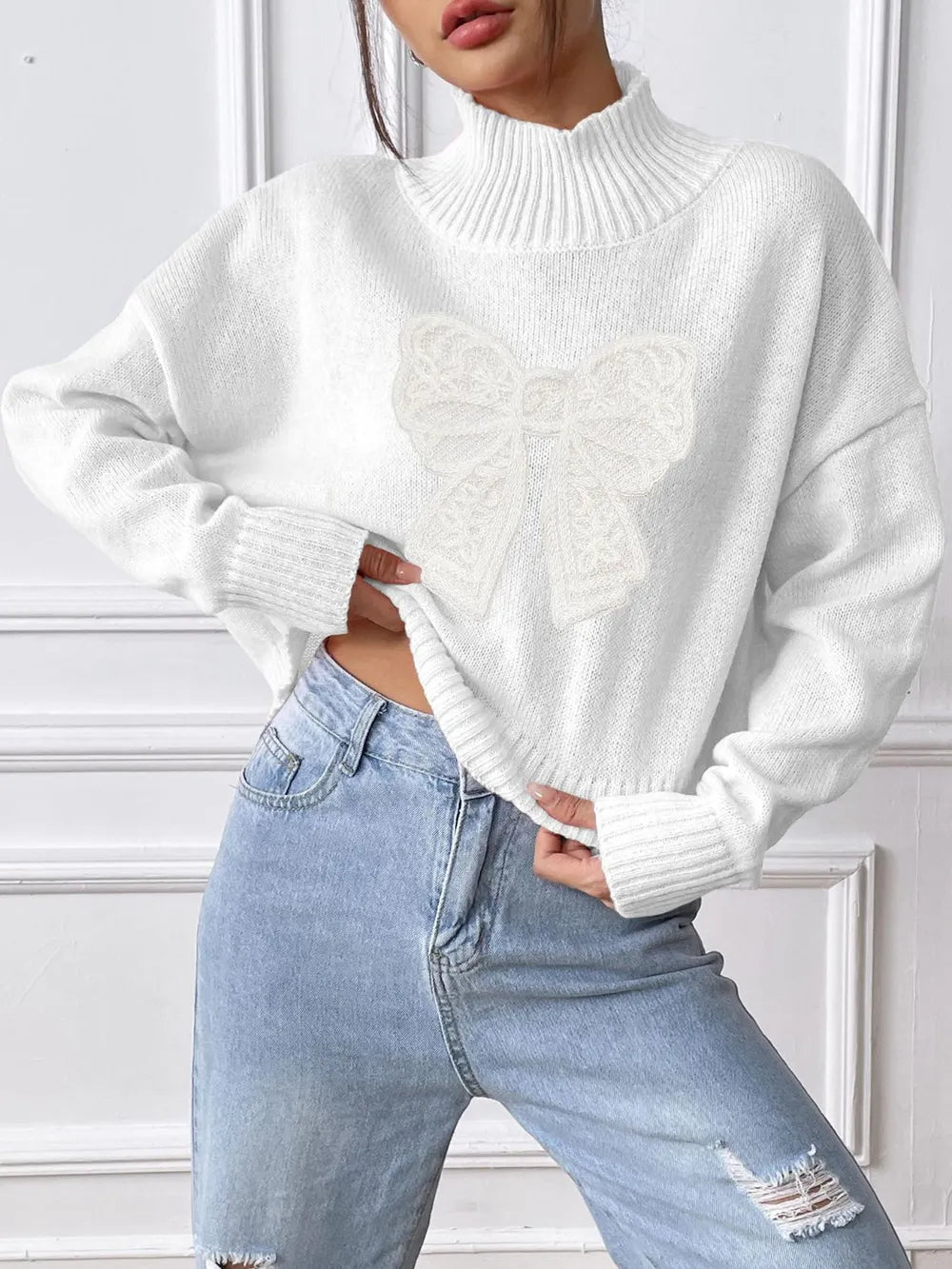 Bow Turtleneck Long Sleeve Sweater (11)