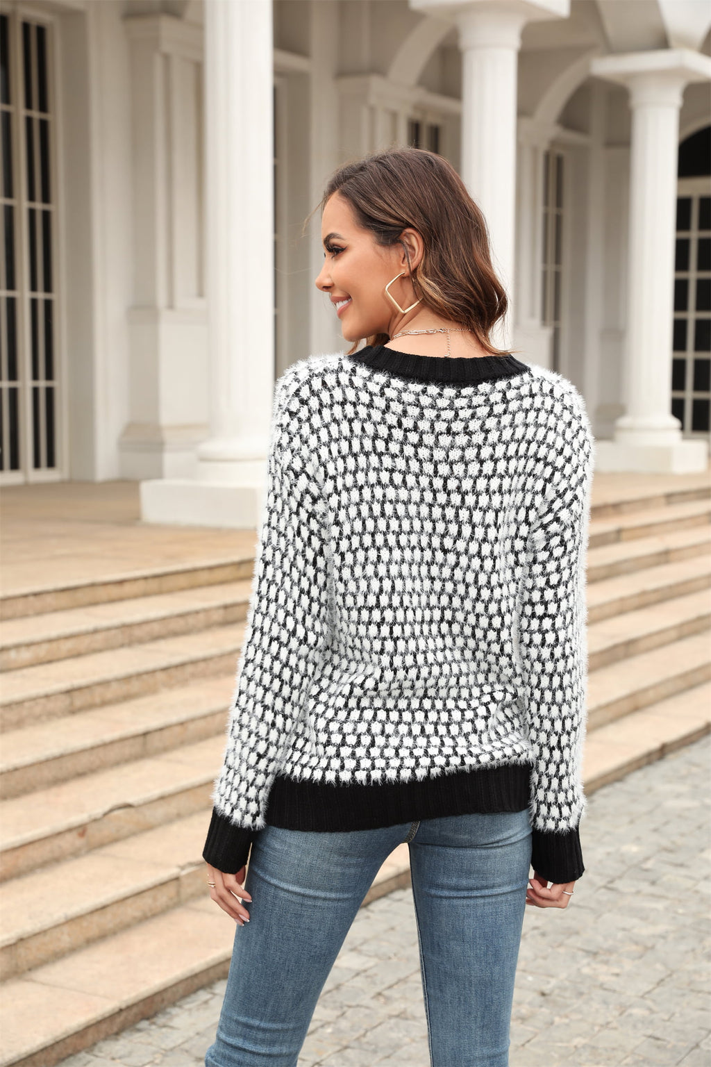 Printed Round Neck Dropped Shoulder Sweater (2)