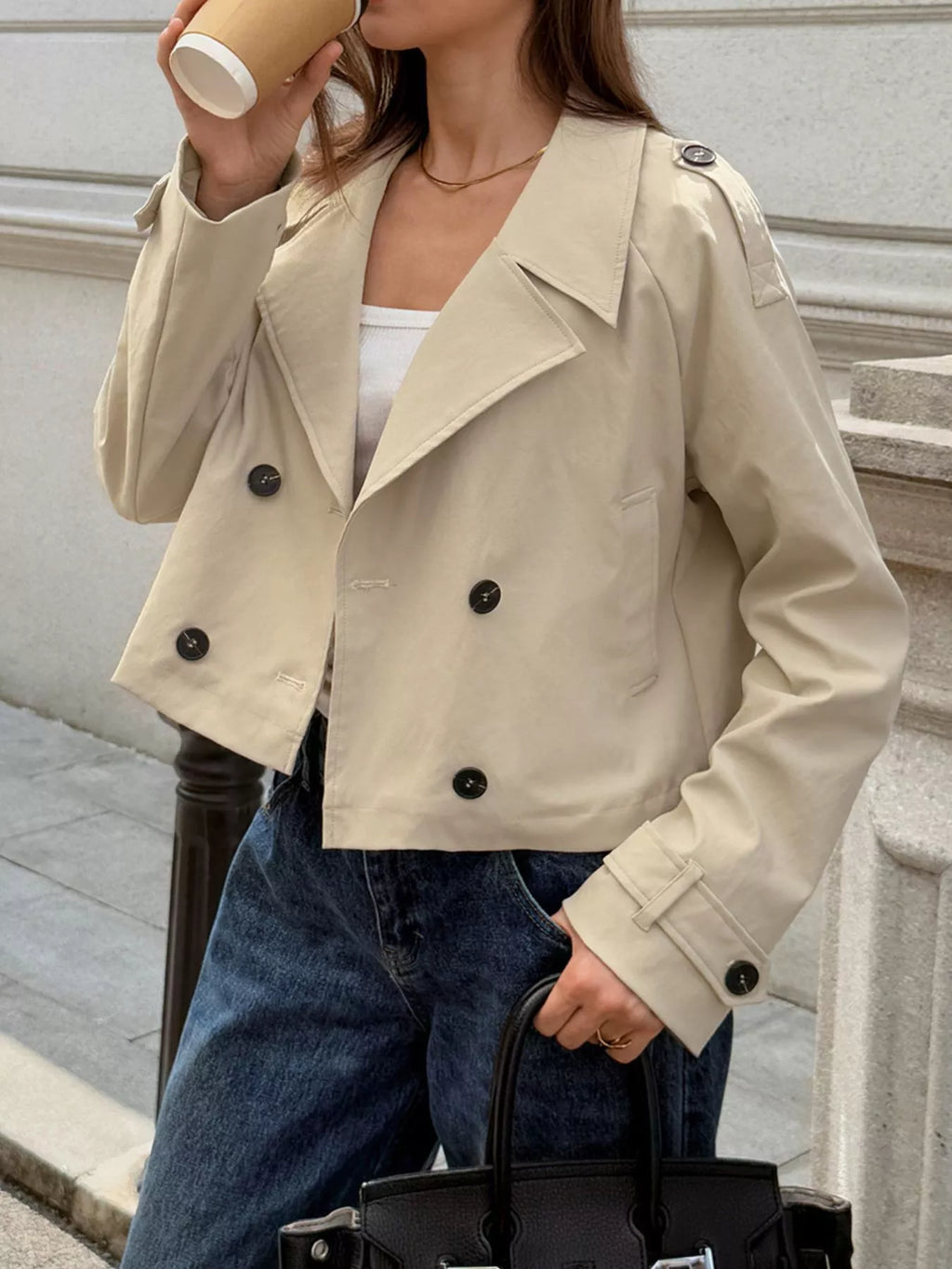 Cropped Double-breasted Raglan Sleeve Jacket (2)