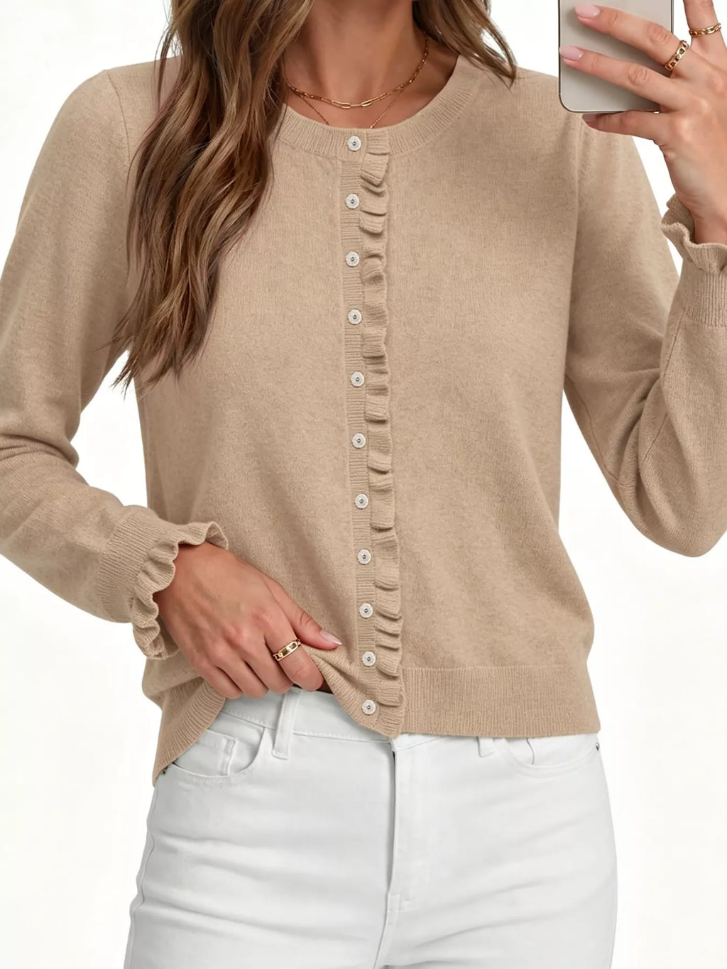 Ruffle-trimmed Button-down Knit Cardigan (2)