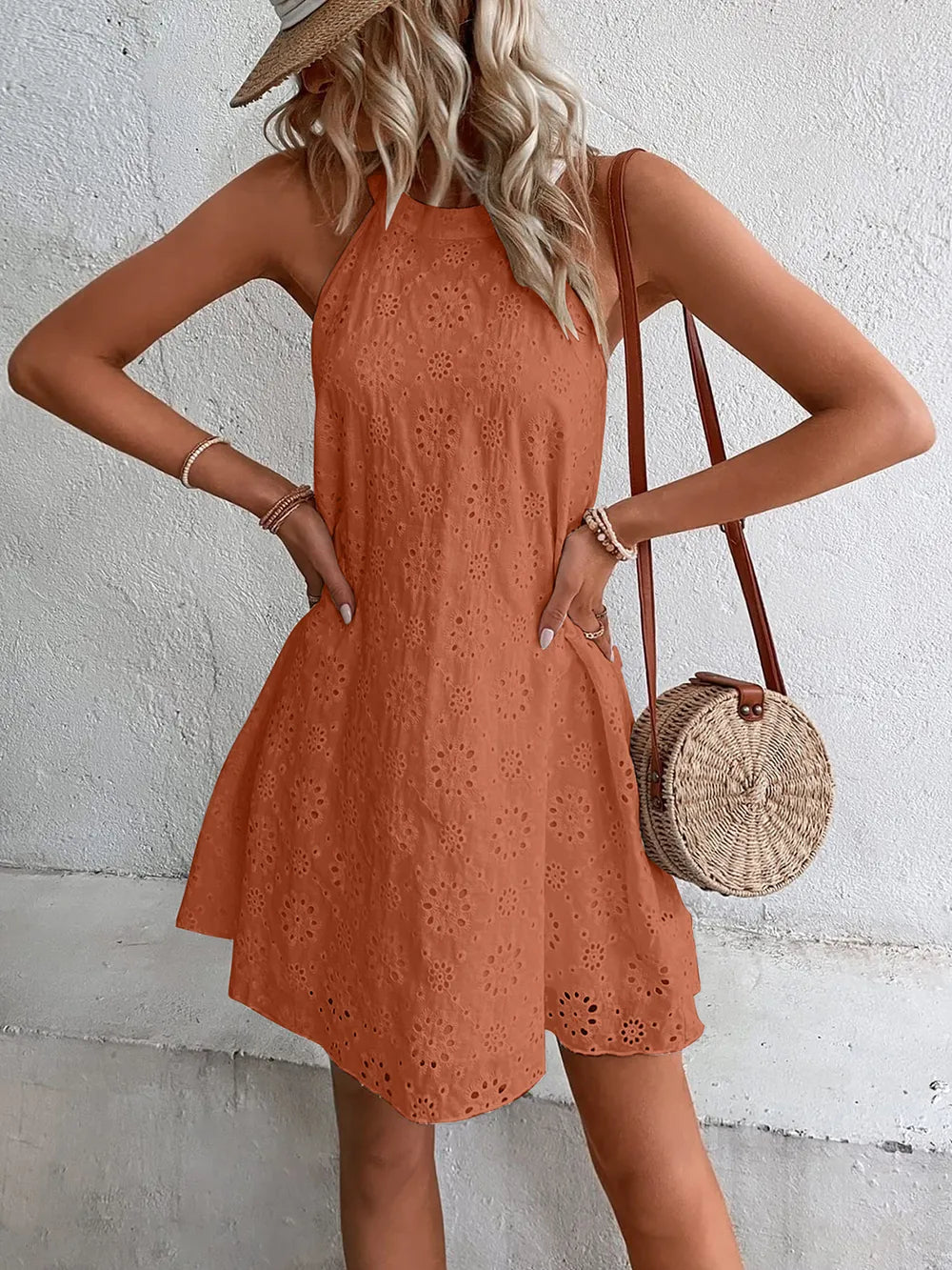 Eyelet Grecian Neck Mini Dress (3)