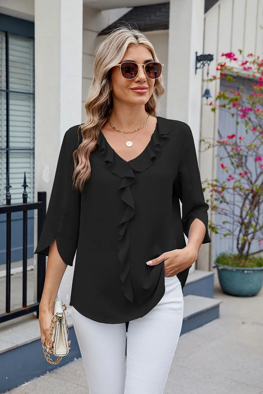 Ruffled V-neck Three-quarter Sleeve Blouse (22)
