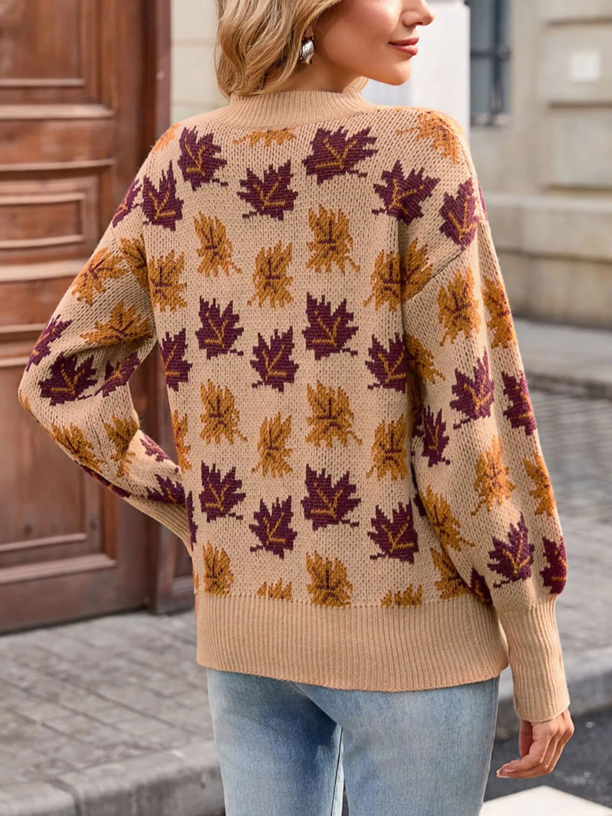 Autumn Leaf Pattern Mock Neck Sweater (6)