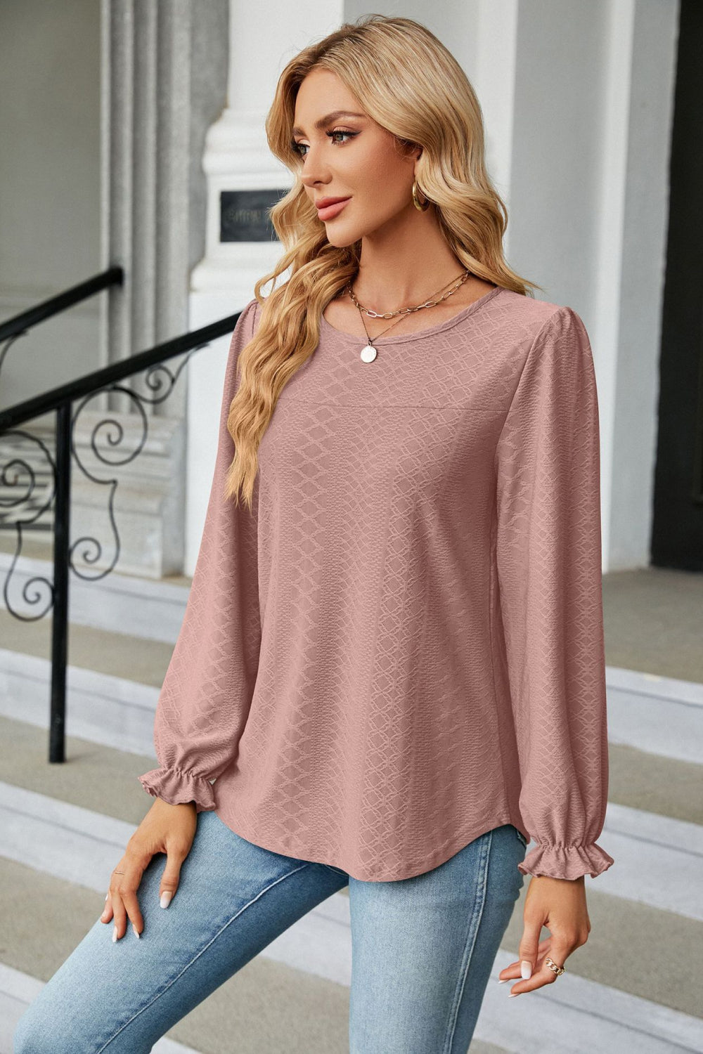 Round Neck Flounce Sleeve Blouse (17)