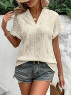 Openwork Notched Short Sleeve Blouse (8)
