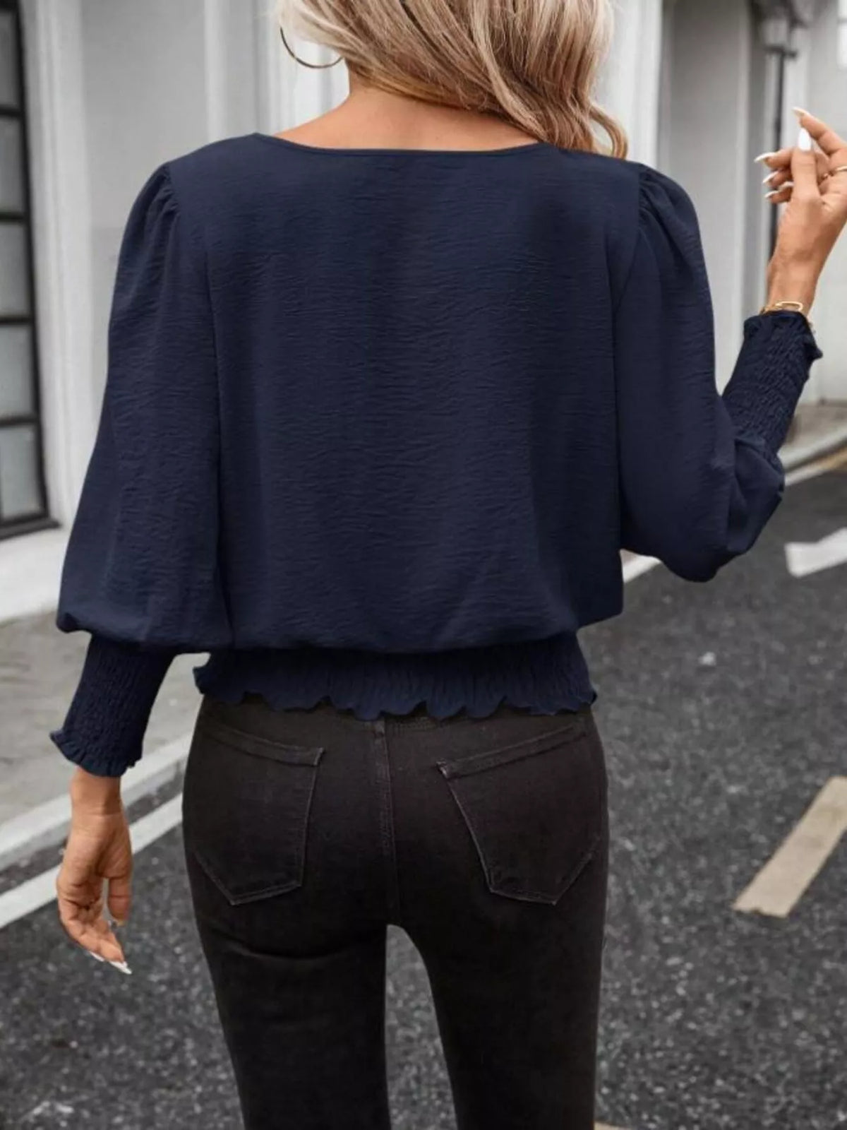 Smocked Waist Round Neck Blouse (3)