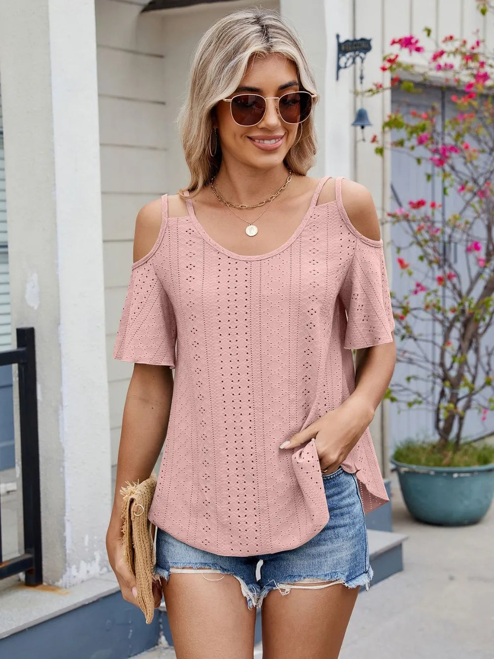 Round Neck Cold Shoulder Eyelet T-shirt (6)