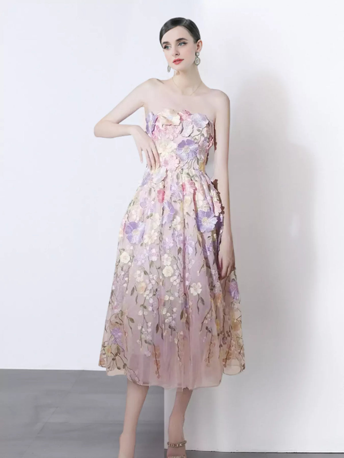 Strapless Floral Applique Midi Dress (6)