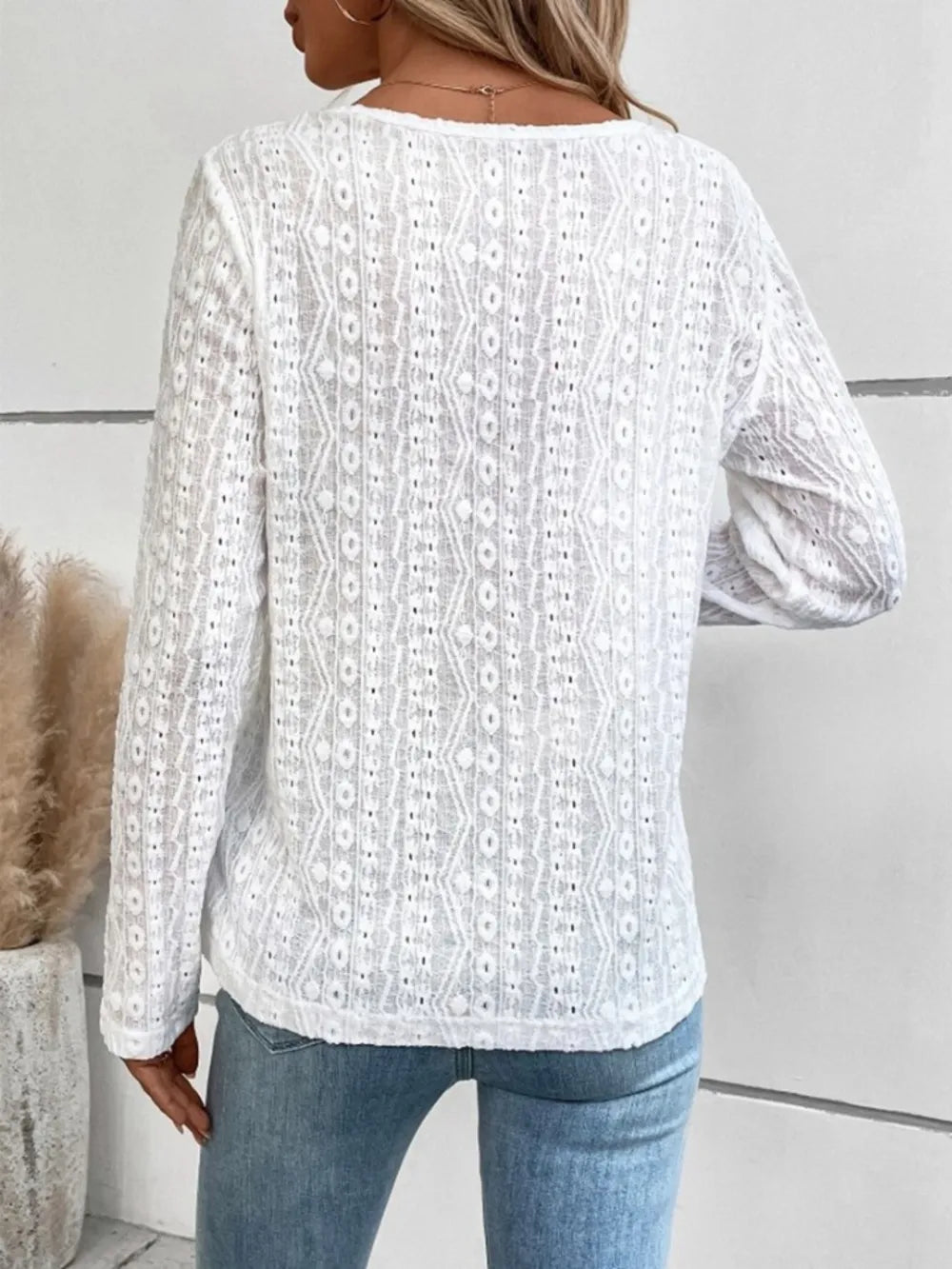 Openwork Half Button Long Sleeve Blouse (6)