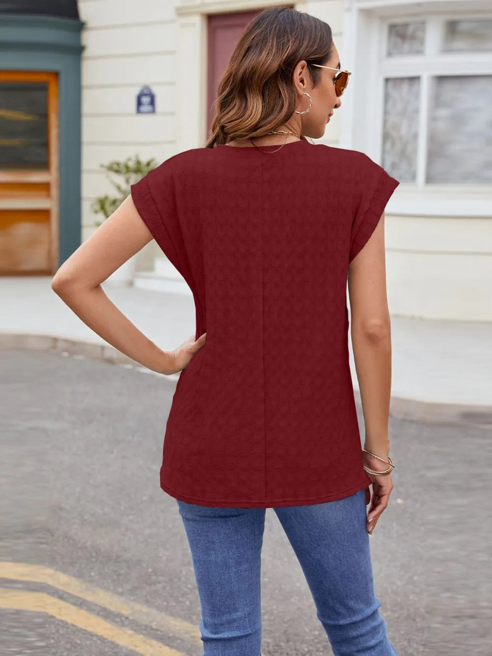 Textured Round Neck Cap Sleeve T-shirt (30)