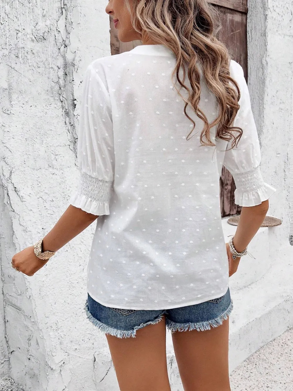Eyelet Notched Flounce Sleeve Blouse (6)