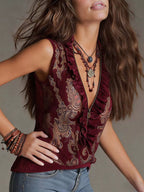 Full Size Paisley Print Ruffled Zip Front Tank Plus (13)