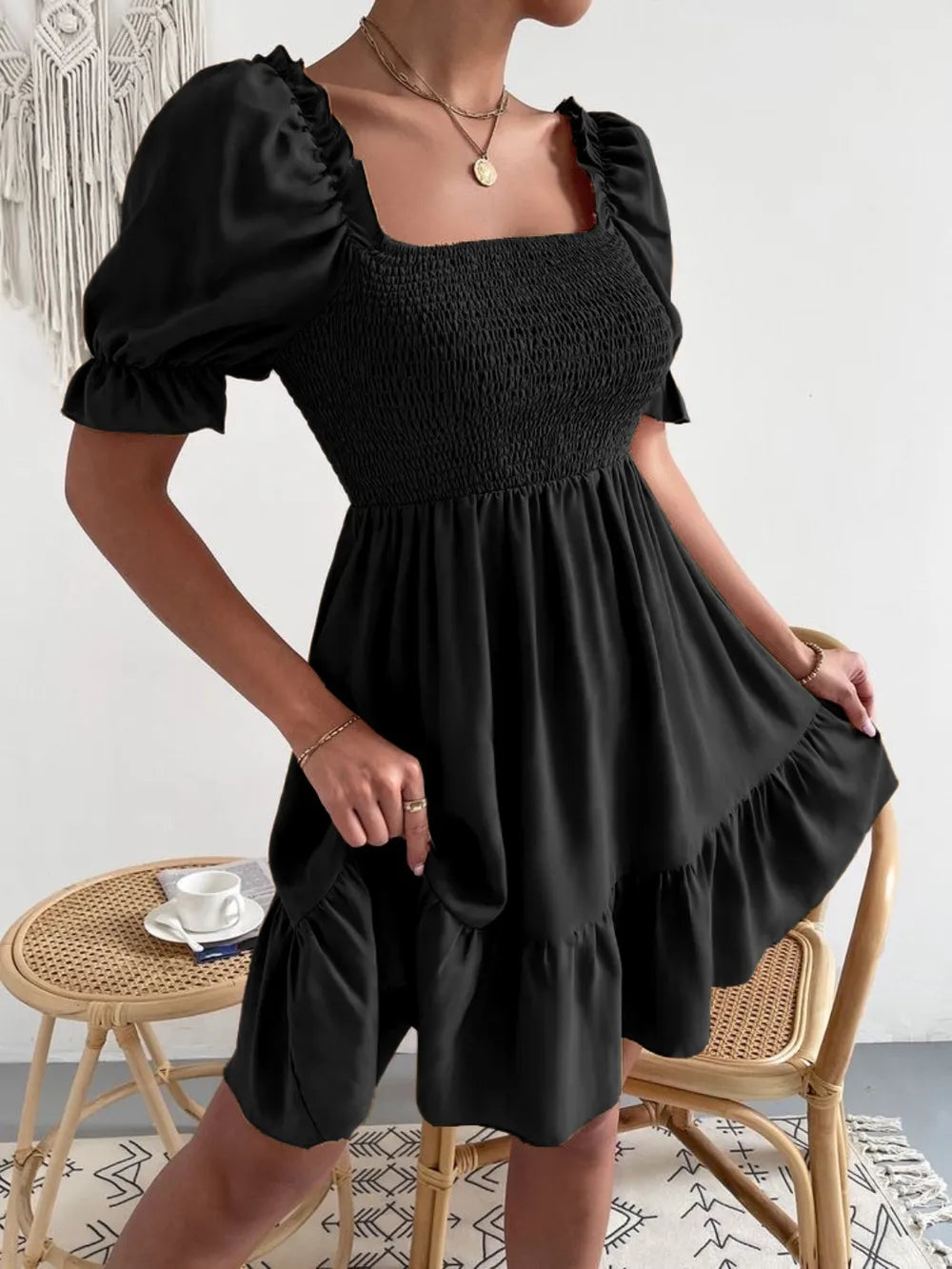 Smocked Square Neck Short Sleeve Dress (20)