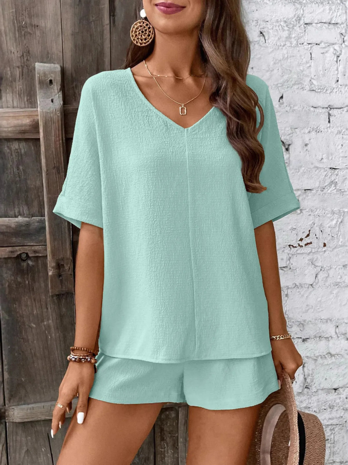 Relaxed Fit V-neck Top Shorts Two-piece Set
