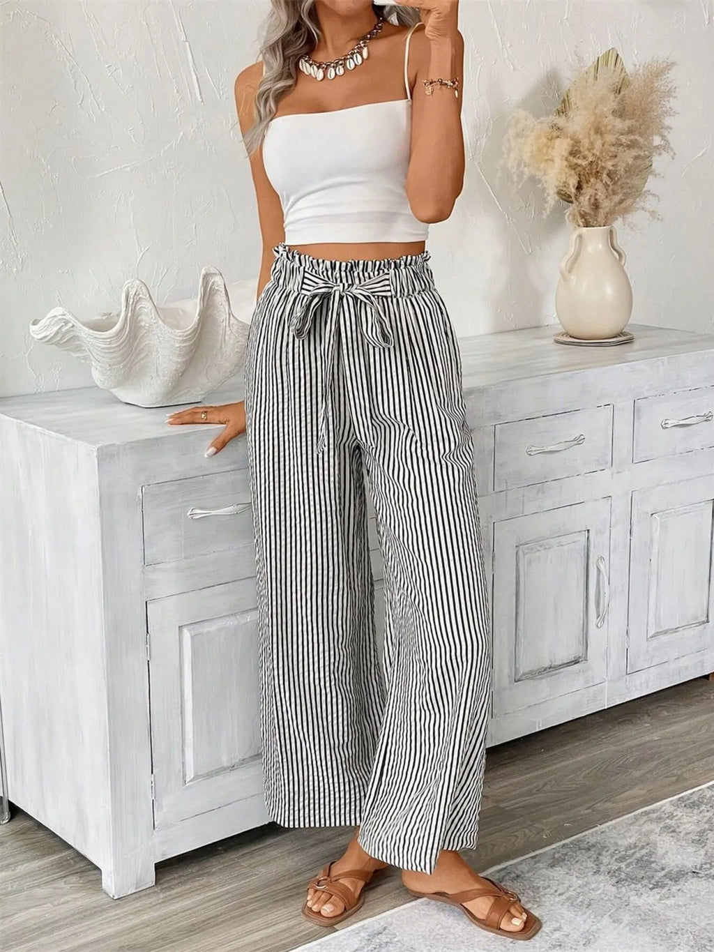Full Size Striped Wide Leg Paper Bag Pants Plus (3)