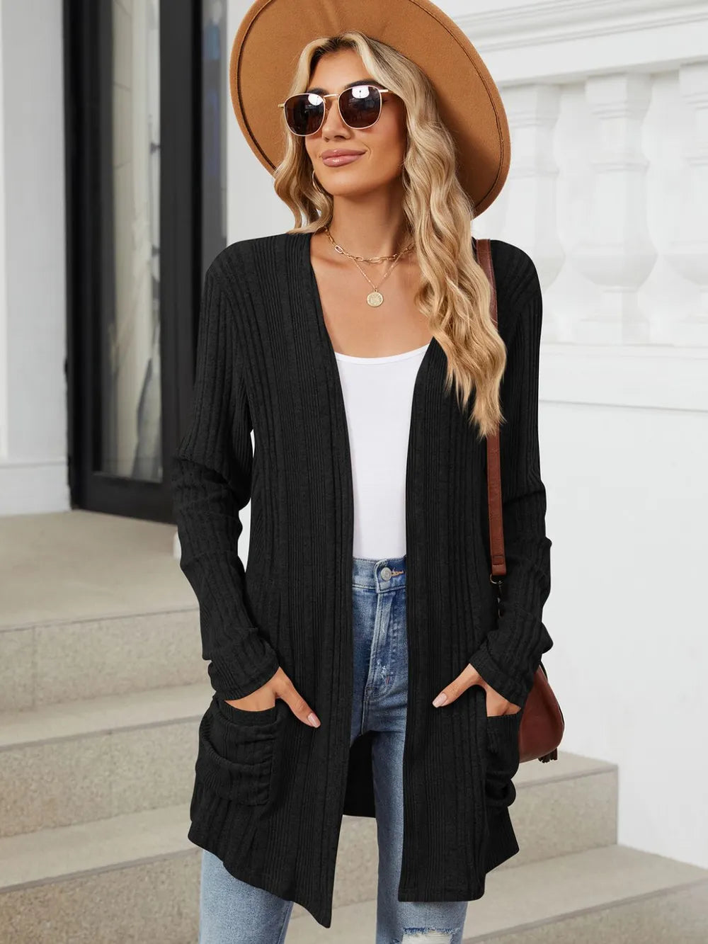 Pocketed Open Front Long Sleeve Cardigan (38)