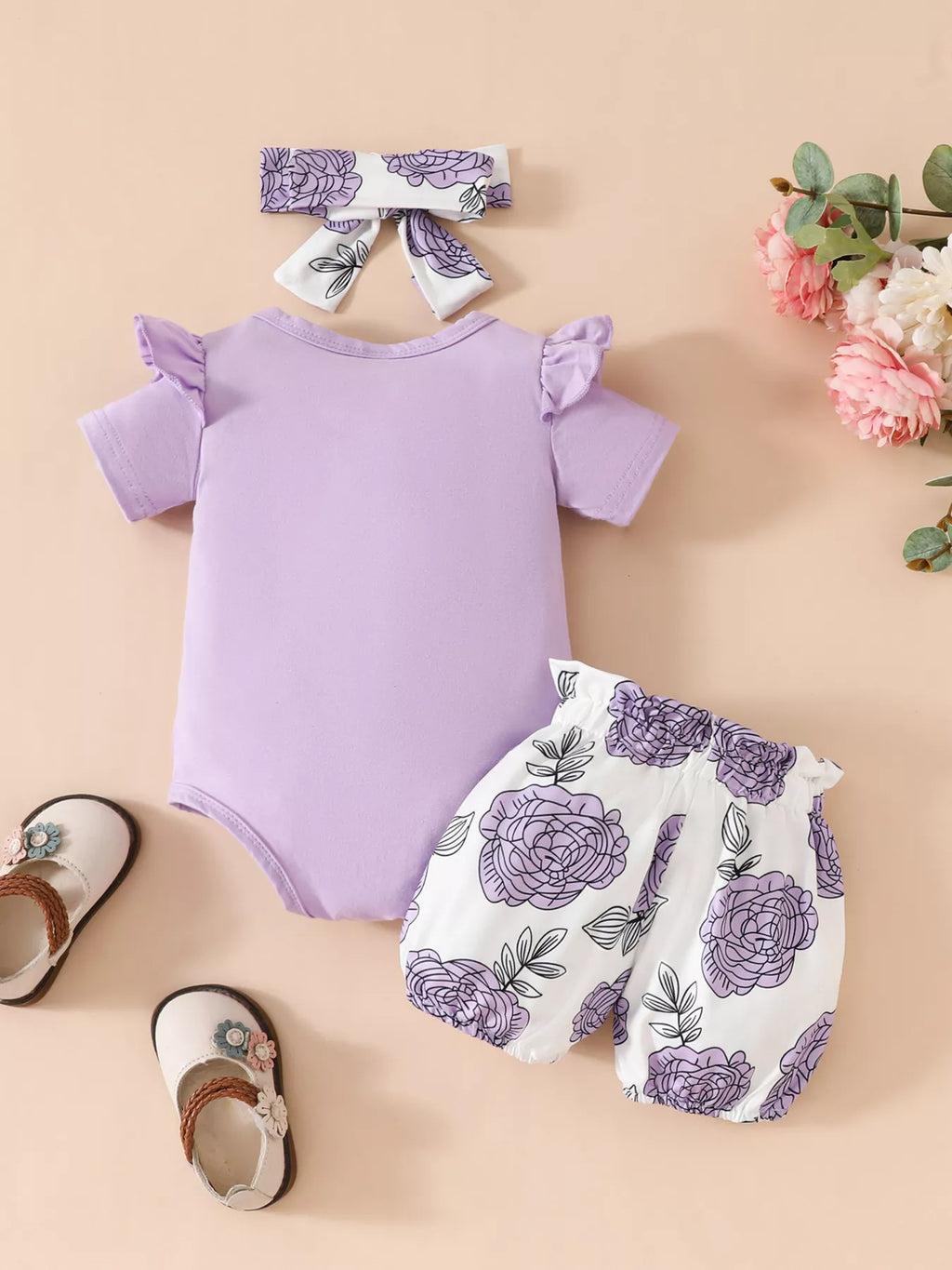 Children's Ruffled Bodysuit Floral Shorts Set Headband (10)