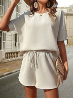 Waffle-knit Half Sleeve Top Shorts Set (3)