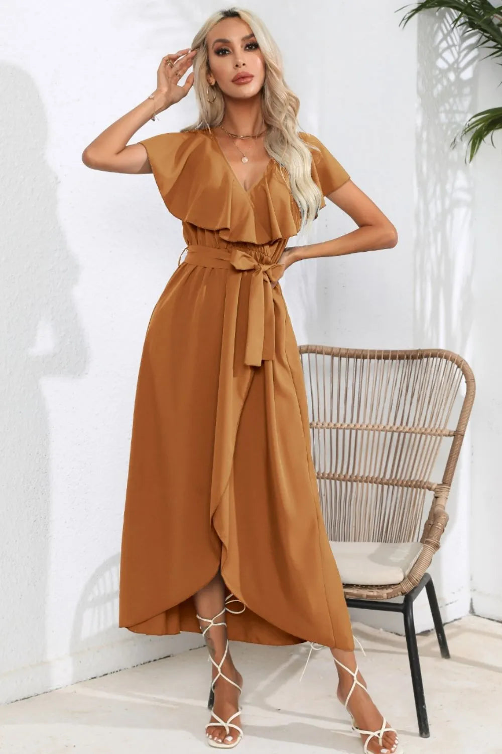 Ruffled Tied V-neck Midi Dress (19)