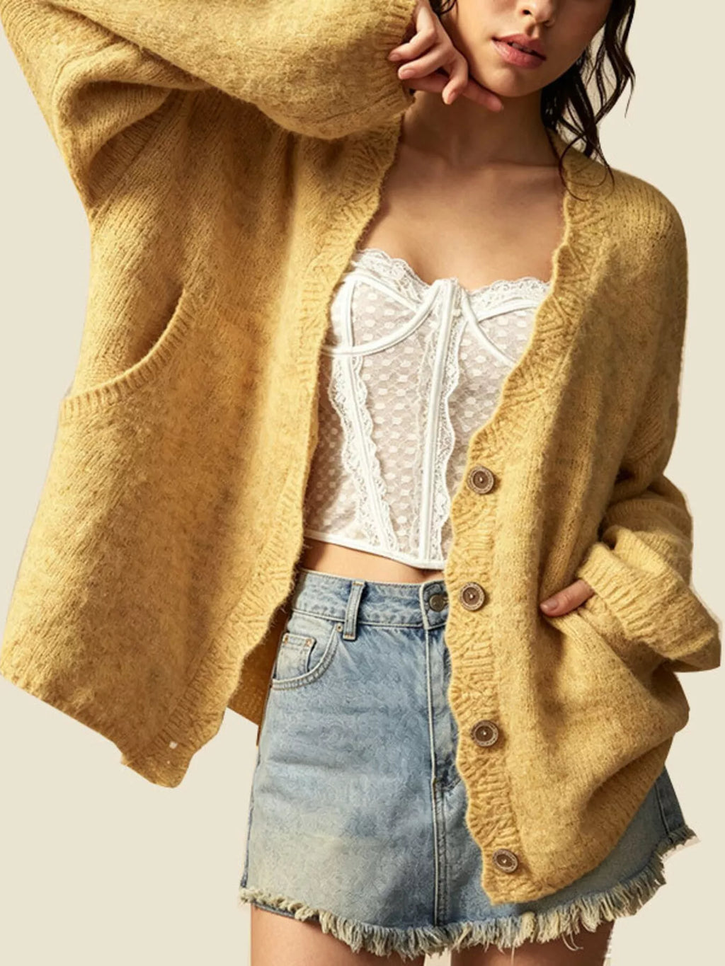 V-neck Button-down Knit Cardigan (3)