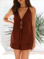 Tied Front Halter Neck Top Shorts Set (8)