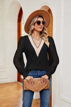 Contrast V-neck Long Sleeve Blouse (10)