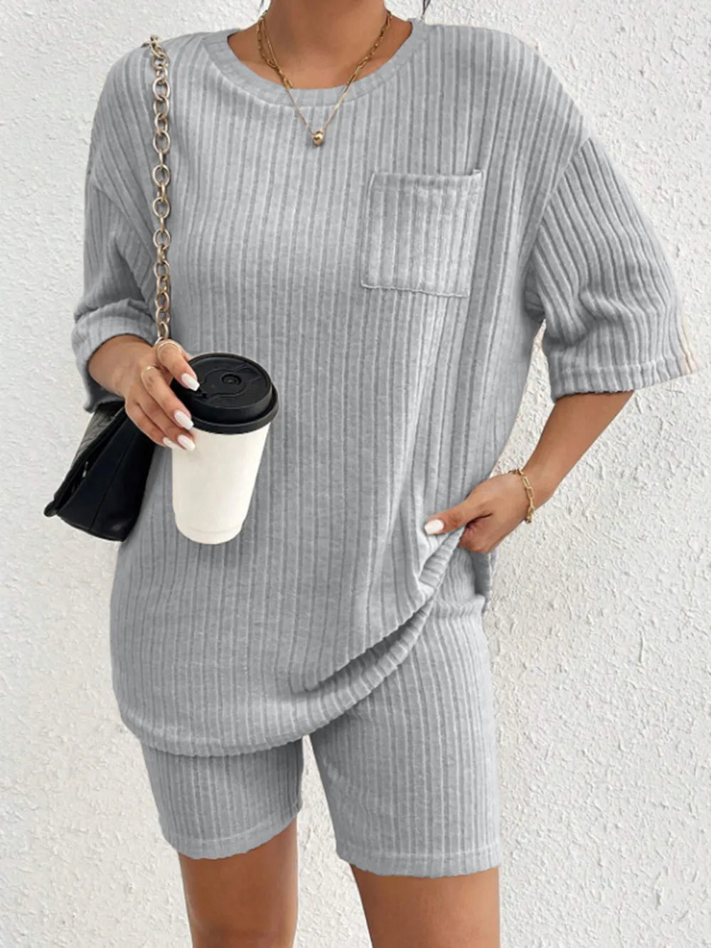 Ribbed Round Neck Top Shorts Set (16)