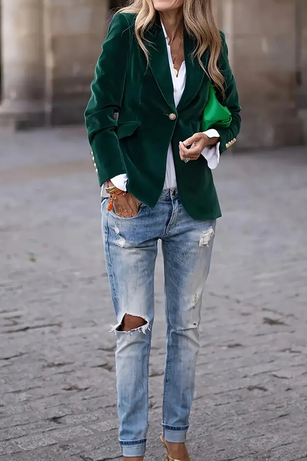 One Button Lapel Collar Long Sleeve Blazer (6)