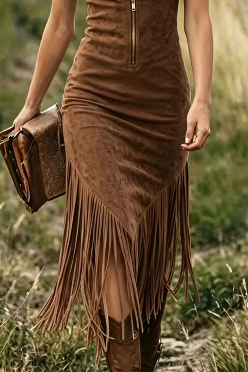 Fringe Zip Front Sleeveless Dress (3)