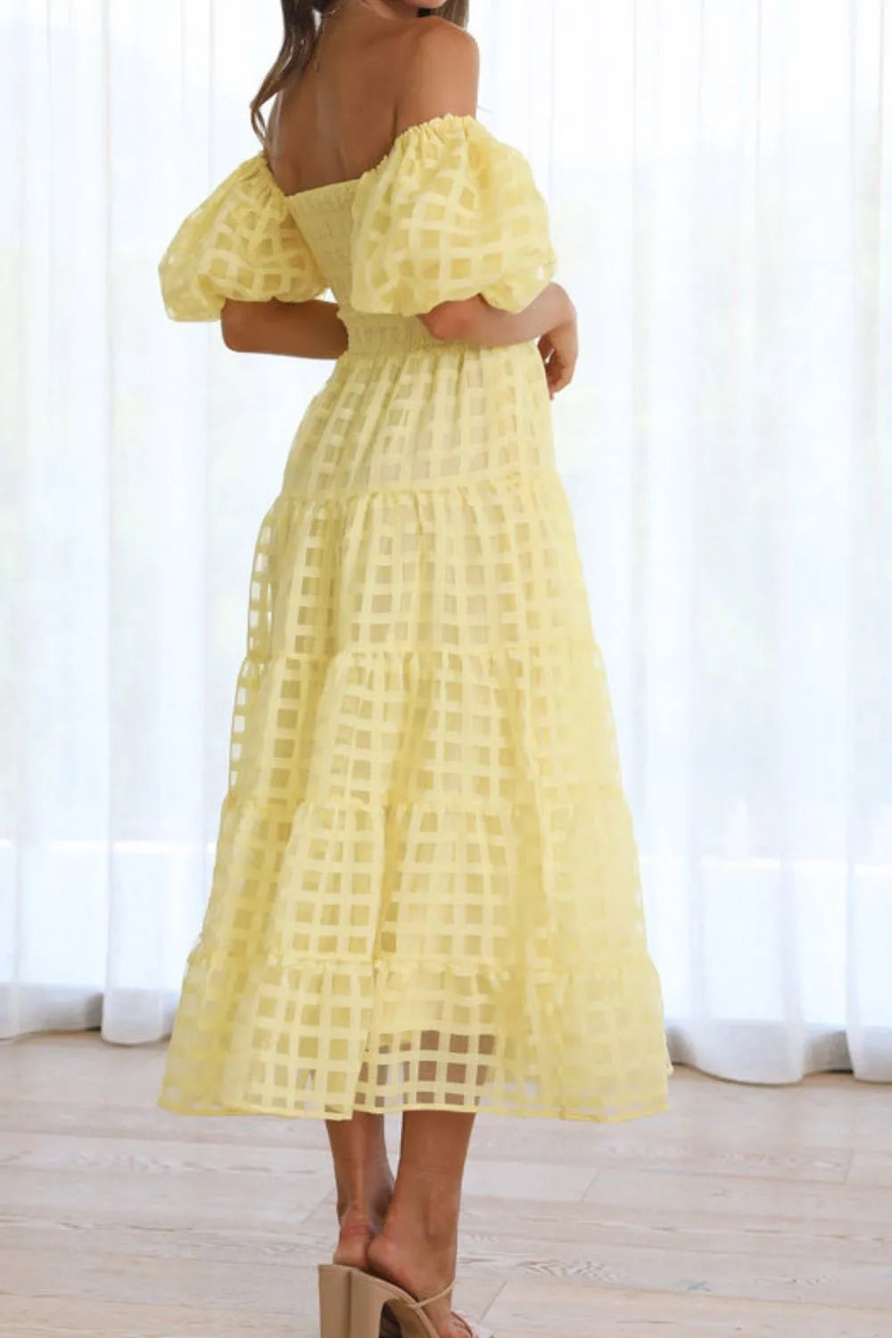 Off Shoulder Short Puff Sleeve Midi Dress (9)