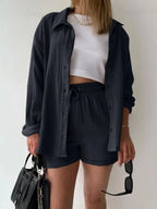Textured Button Up Shirt Shorts Set (17)