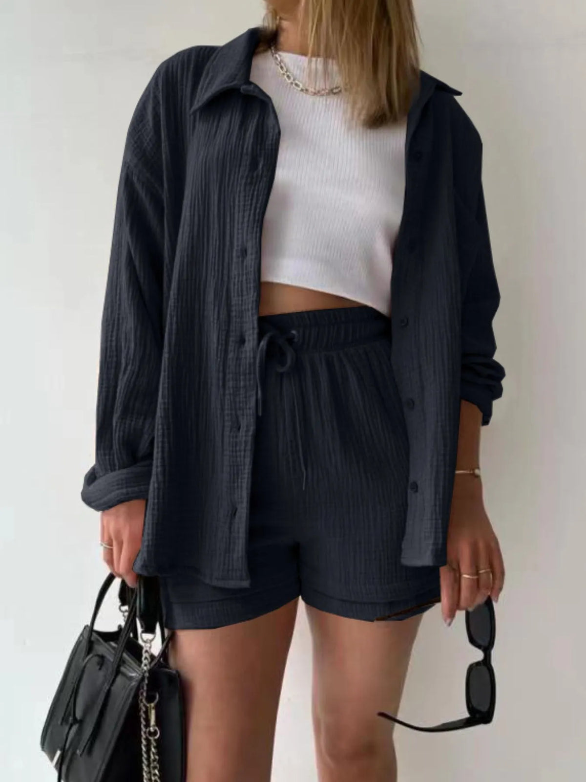 Textured Button Up Shirt Shorts Set (17)