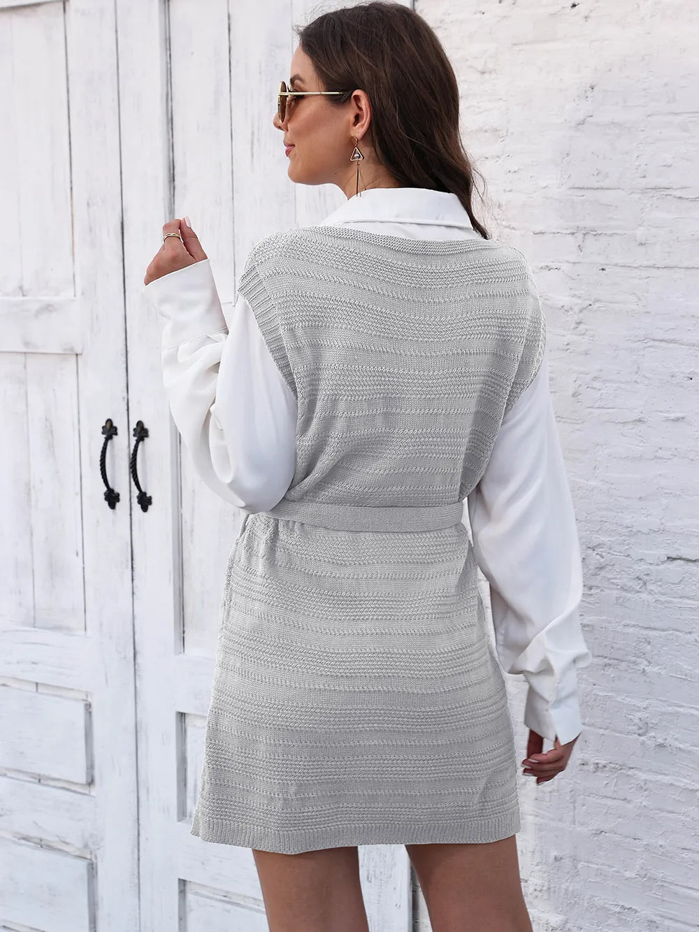 Tie Front V-neck Sleeveless Slit Sweater Dress (10)