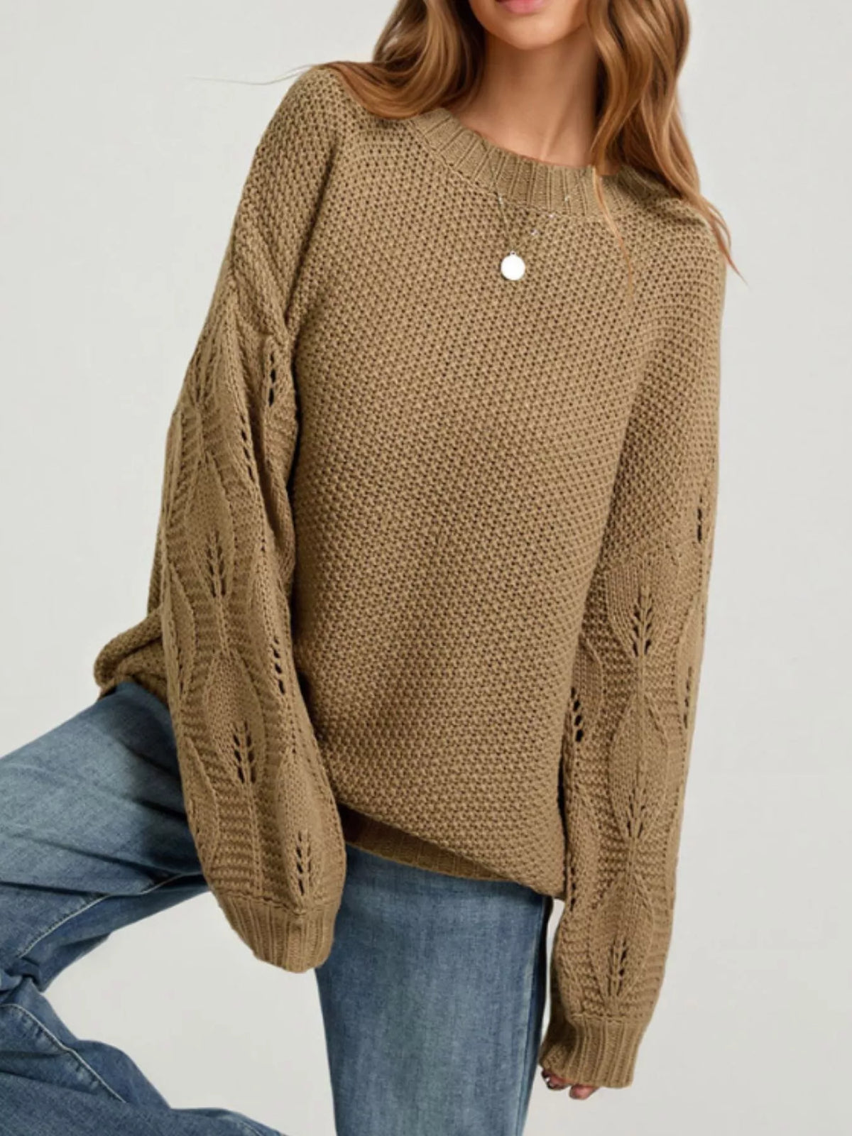 Textured Knit Openwork Dropped Shoulder Sweater (2)