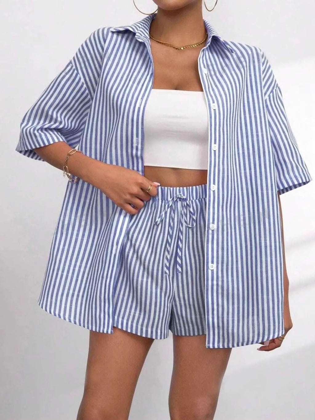 Striped Button Up Shirt Shorts Casual Set
